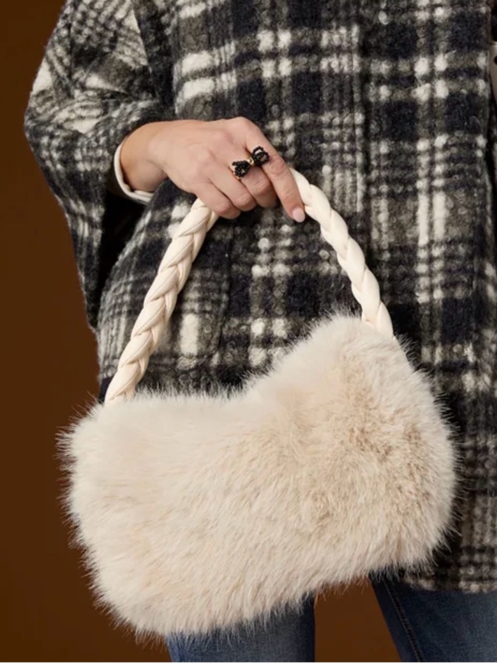 NWOT! Coco + Carmen Faux Fur Vegan Leather Handbag, Cream